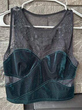 Urban Outfitters Sleeveless Emerald Green Velvet & Black Mesh Crop Top